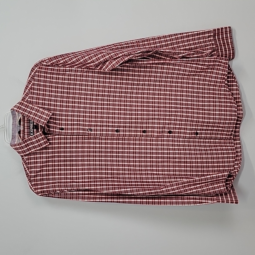 men's EXPRESS medium red plaid button down shirt